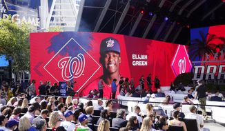 Elijah Green is selected by the Washington Nationals with the fifth pick of the 2022 MLB baseball draft, Sunday, July 17, 2022, in Los Angeles. (AP Photo/Jae C. Hong)