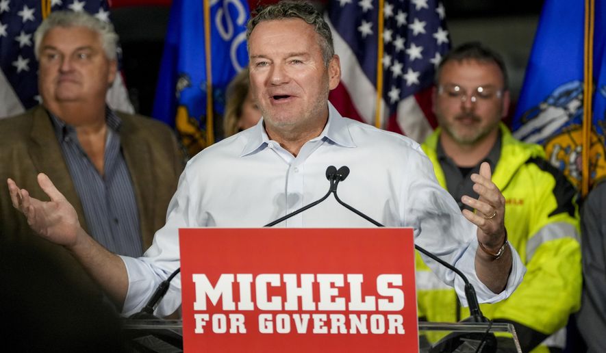 Tim Michels says a few words about initiatives he would support during the launching of his gubernatorial campaign on April 25, 2022, in Brownsville, Wis. Michels said, Tuesday, July 13, 2022, that he won’t rule out attempting to decertify President Joe Biden’s 2020 win in the state. (Ebony Cox/Milwaukee Journal-Sentinel via AP, File)