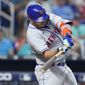 New York Mets&#39; Pete Alonso hits a solo home run during the eighth inning of a baseball game against the Miami Marlins, Saturday, June 25, 2022, in Miami. The Mets won 5-3. (AP Photo/Lynne Sladky) **FILE**