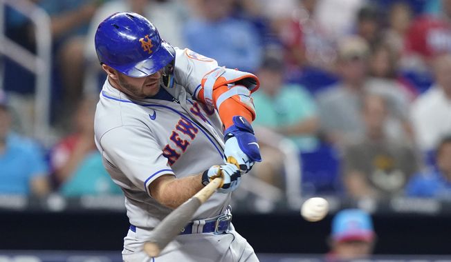 New York Mets&#x27; Pete Alonso hits a solo home run during the eighth inning of a baseball game against the Miami Marlins, Saturday, June 25, 2022, in Miami. The Mets won 5-3. (AP Photo/Lynne Sladky) **FILE**