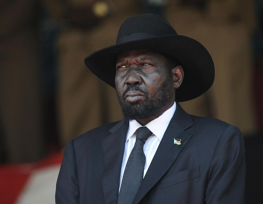 South Sudan&#39;s President Salva Kiir attends the state funeral of Kenya&#39;s former president, Daniel arap Moi, at Nyayo Stadium in the capital Nairobi, Kenya, Feb. 11, 2020. An explosion of violence in South Sudan is raising fears that the country&#39;s fragile peace agreement could unravel before the transitional government wraps up early next year. (AP Photo/John Muchucha, File)