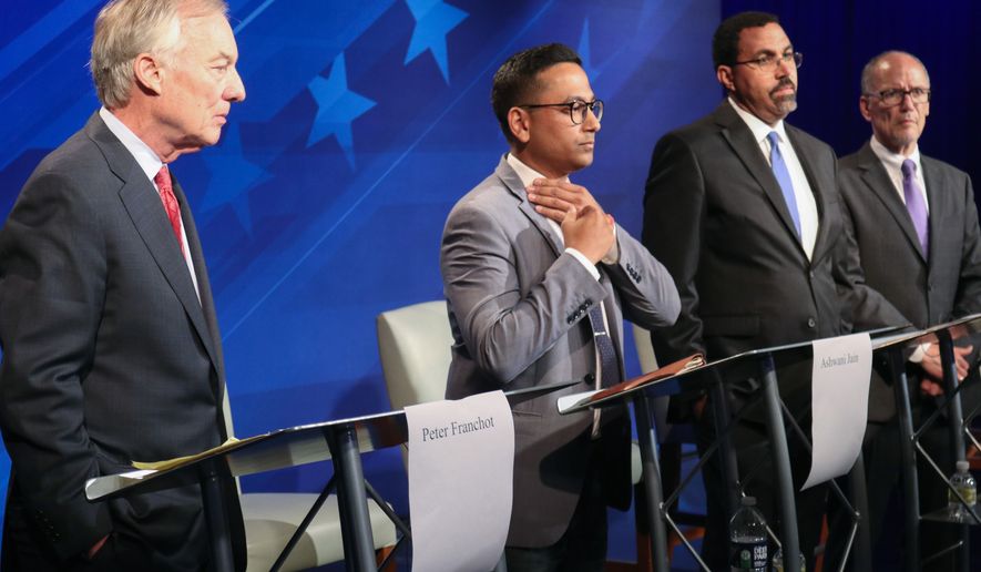 From left, Maryland Comptroller Peter Franchot, Ashwani Jain, John King and Tom Perez stand at their podiums just before a debate of eight candidates seeking the Democratic nomination for governor of Maryland June 6, 2022 in Owings Mills, Md. One of the best opportunities for Democrats to regain a governor&#39;s office this year is in Maryland, and the race to succeed term-limited Republican Larry Hogan has drawn a crowd of candidates. (AP Photo/Brian Witte, File)