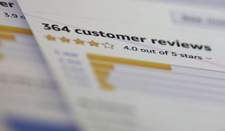 In this April 17, 2019, file photo online customer reviews for a product are displayed on a computer in New York. Amazon has filed a lawsuit against administrators of more than 10,000 Facebook groups it accuses of coordinating fake reviews in exchange for money or free products. The Seattle-based e-commerce giant said in a statement Tuesday, July 19, 2022, the Facebook groups were set up to recruit people “willing to post incentivized and misleading reviews” across its stores in the U.S. the U.K., Germany, France, Italy, Spain and Japan. (AP Photo/Jenny Kane, File)