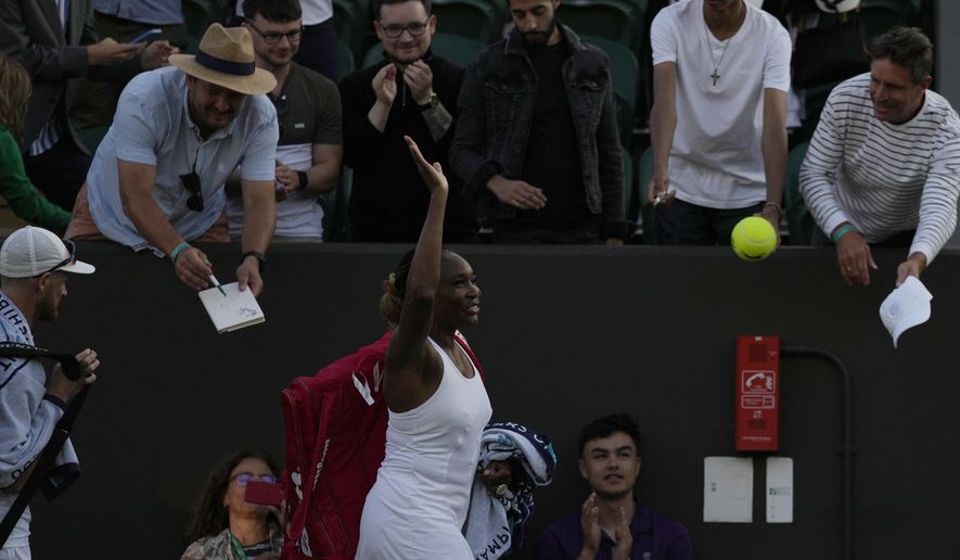 Venus Williams of the U.S. and Britain&#x27;s Jamie Murray leave the court after being defeated in a second round mixed doubles match against Britain&#x27;s Jonny O&#x27;Mara and Alicia Barnett on day seven of the Wimbledon tennis championships in London, Sunday July 3, 2022. (AP Photo/Alastair Grant) **FILE**