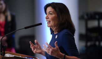 New York Gov. Kathy Hochul speaks during a news conference in New York, Thursday, July 21, 2022. Hochul and other officials met with Democratic party representatives as part of city&#x27;s bid to host the 2024 Democratic National Convention. (AP Photo/Seth Wenig) ** FILE **