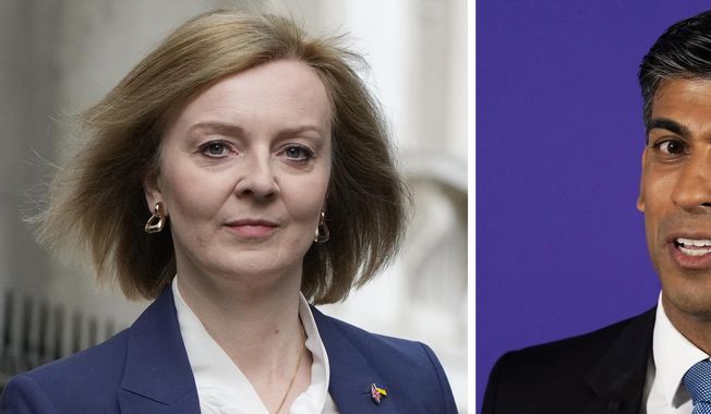 This combo of file photos shows the remaining candidates in the Conservative Party leadership race, former Chancellor of the Exchequer Rishi Sunak and Foreign Secretary Liz Truss. The two candidates to become Britain’s next prime minister have begun a head-to-head battle for the votes of Conservative Party members who will choose the country’s new leader. Former Treasury chief Rishi Sunak is promising fiscal prudence. (AP Photo, File)