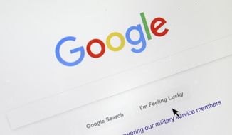 A cursor moves over Google&#39;s search engine page Tuesday, Aug. 28, 2018, in Portland, Ore. (AP Photo/Don Ryan, File)