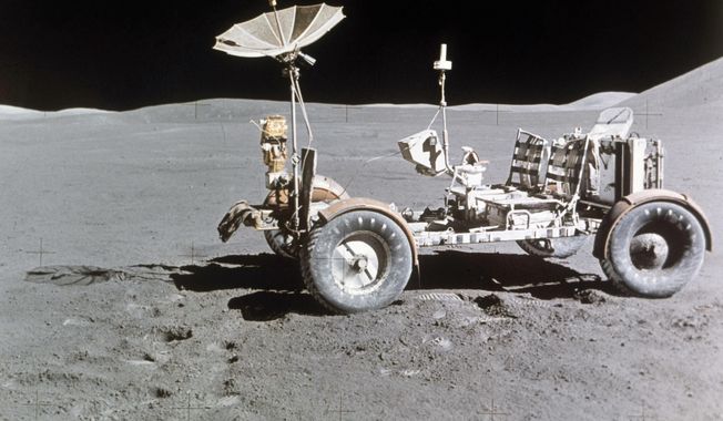 Rover alone, looking north, on the west edge of Mount Hadley is at upper right edge of picture, the most distant lunar feature visible is about 25 kilometers away, Aug. 1971.  Goodyear is teaming with Lockheed Martin on the development of a vehicle planned for use on the moon, providing airless tires for the project. This isn&#x27;t Goodyear&#x27;s first venture into space, as it supplied essential products for NASA&#x27;s Apollo program, including the Apollo 11 mission.  (AP Photo, File)