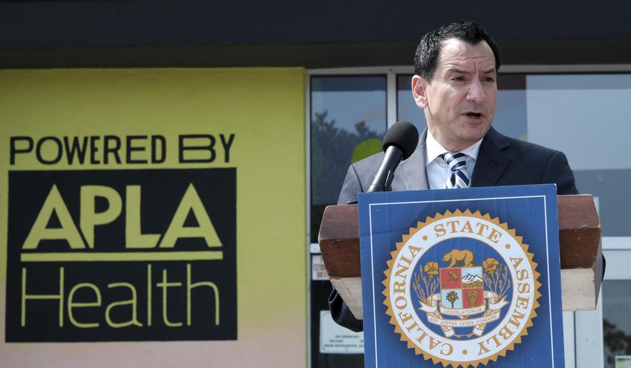 California State Assembly Speaker Anthony Rendon talks during a news conference at Out Here Sexual Health Center, in the Baldwin Hills section of Los Angeles on Wednesday, July 20, 2022. Rendon joined LGBTQ+ leaders in Los Angeles on Wednesday to demand that monkeypox be declared a national public emergency, saying perhaps the federal response would have been quicker if the heterosxeual community were primarily affected. (AP Photo/Richard Vogel) ** FILE **