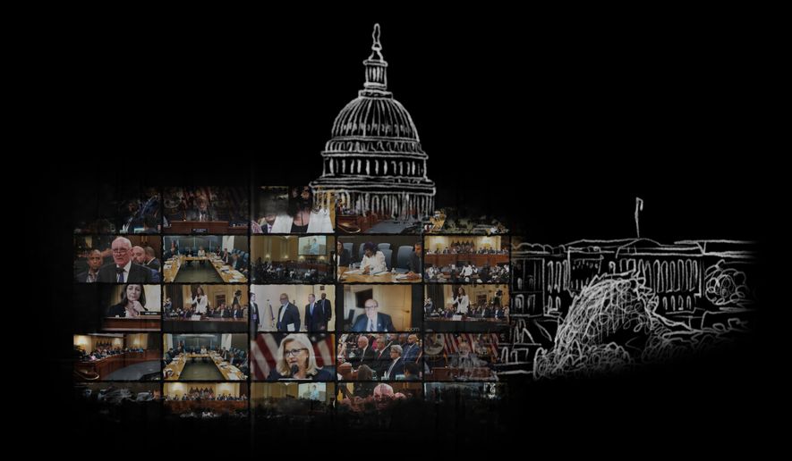 AP Illustration of scenes of the January 6th hearings and Capitol.