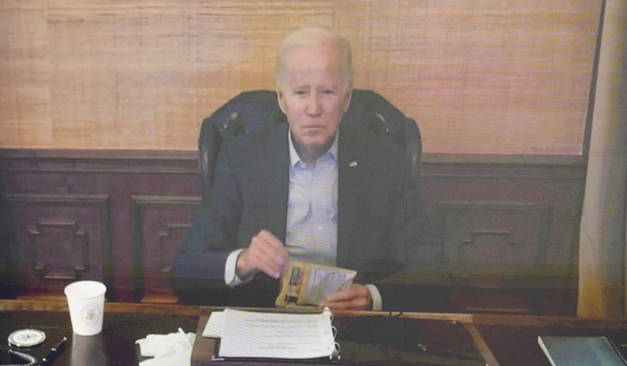 In this file photo, President Joe Biden virtually attends a meeting with his economic team in the South Court Auditorium on the White House complex in Washington, Friday, July 22, 2022. President Biden&#39;s condition continues to improve since testing positive for the coronavirus, and he likely contracted a highly contagious variant that has been spreading rapidly through the United States, according to an update from his doctor on Saturday, July 23. (AP Photo/Andrew Harnik, File)  **FILE**