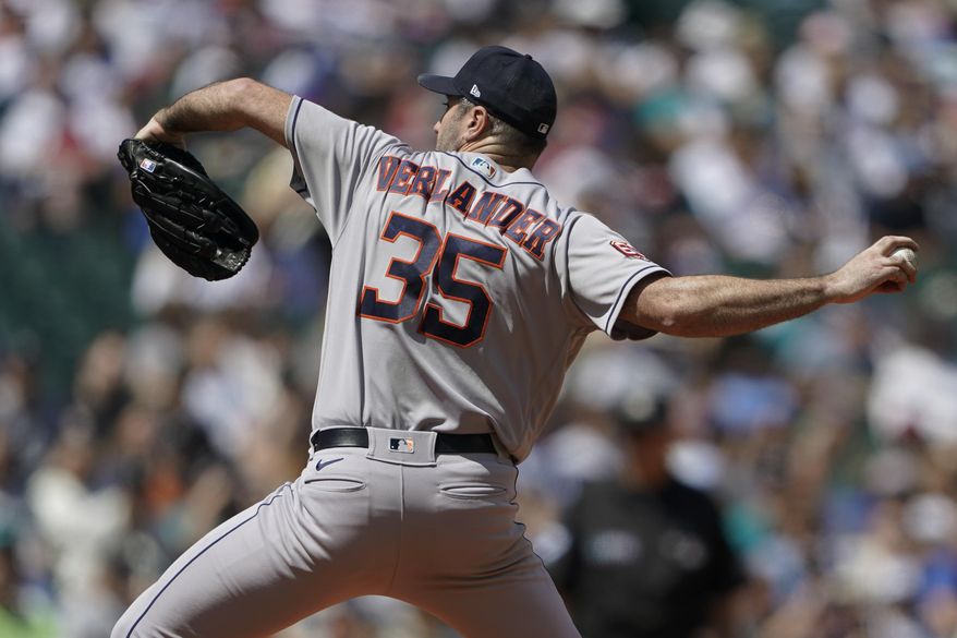 Houston Astros starting pitcher Justin Verlander throws against the Seattle Mariners during the fifth inning of a baseball game, Saturday, July 23, 2022, in Seattle. (AP Photo/Ted S. Warren) **FILE**
