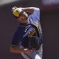 Milwaukee Brewers&#39; Aaron Ashby pitches against the San Francisco Giants during the first inning of a baseball game in San Francisco, Sunday, July 17, 2022. (AP Photo/Jeff Chiu)