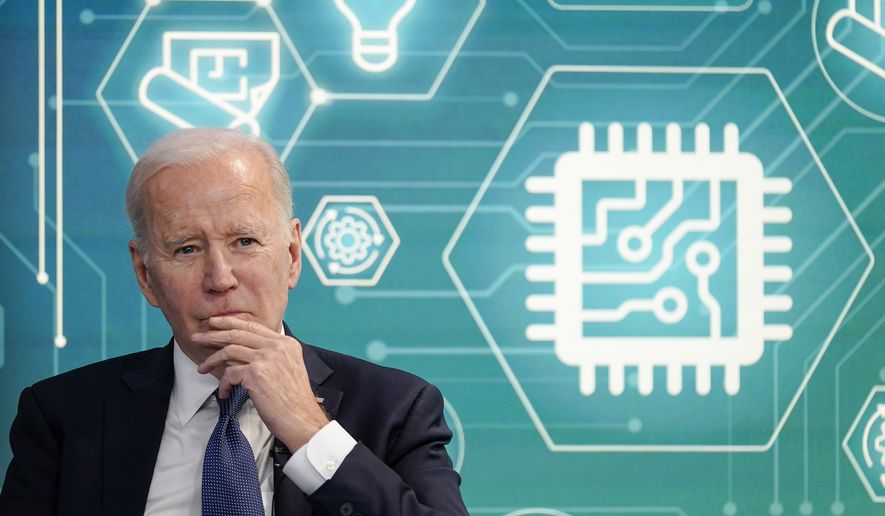 President Joe Biden attends an event to support legislation that would encourage domestic manufacturing and strengthen supply chains for computer chips in the South Court Auditorium on the White House campus, March 9, 2022, in Washington. A bill to boost semiconductor production in the United States is making its way through the Senate and is a top priority of the Biden administration. It would subsidize computer chip manufacturers through grants and tax breaks when they build or expand chip plants in the U.S. (AP Photo/Patrick Semansky) **FILE**