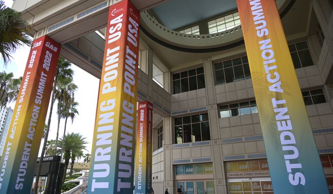 Banners are viewed outside the Tampa Convention Center during the Turning Point USA Student Action Summit, Saturday, July 23, 2022, in Tampa, Fla. (AP Photo/Phelan M. Ebenhack)