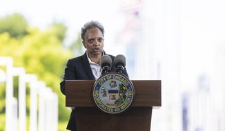 Chicago Mayor Lori Lightfoot speaks during a news conference about the future of Soldier Field, Monday, July 25, 2022,  in Chicago.  Lightfoot presented three options for renovating the home of the Chicago Bears, but the NFL football team said it&#39;s not interested. (Anthony Vazquez/Chicago Sun-Times via AP)