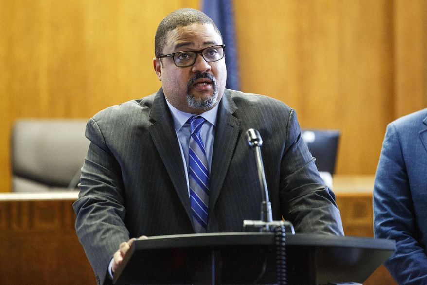 New York City District Attorney Alvin Bragg speaks during a news conference at Supreme Court after the exoneration proceeding of Steven Lopez, Monday, July 25, 2022, in New York. Lopez, a co-defendant of the so-called Central Park Five, whose convictions in a notorious 1989 rape of a jogger were thrown out more than a decade later, had his conviction on a related charge overturned Monday. (AP Photo/Eduardo Munoz Alvarez) ** FILE **