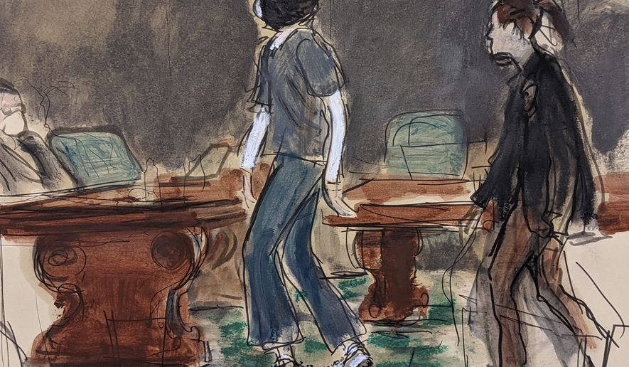 In this courtroom sketch, Ghislaine Maxwell, left, escorted by a U.S. Marshal, wears leg shackles as she enters the courtroom for her sentencing in federal court, Tuesday, June 28, 2022, in New York. Maxwell was sentenced on Tuesday to 20 years in prison for helping the wealthy financier Jeffrey Epstein sexually abuse teenage girls. (AP Photo/Elizabeth Williams)