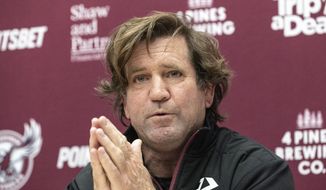 Des Hasler, coach of the Manly Sea Eagles in Australia&#39;s National Rugby League, speaks to media in Sydney, Tuesday, July 26, 2022. Seven Sea Eagles players have withdrawn from a match because they&#39;re unwilling to wear their club&#39;s LGBTQ inclusion jersey. (Flavio Brancaleone/AAP Image via AP)