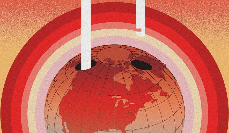 Illustration on climate change policy by Linas Garsys/The Washington Times