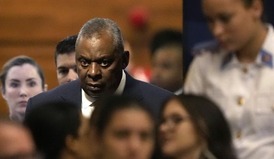 U.S. Secretary of Defense Lloyd Austin arrives to the XV Conference of Defense Ministers of the Americas, in Brasilia, Brazil, Tuesday, July 26, 2022. (AP Photo/Eraldo Peres)