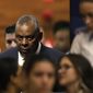 U.S. Secretary of Defense Lloyd Austin arrives to the XV Conference of Defense Ministers of the Americas, in Brasilia, Brazil, Tuesday, July 26, 2022. (AP Photo/Eraldo Peres)