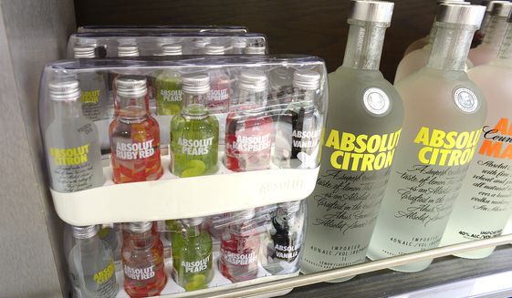 Mini-bottles of alcohol for sale at the Duty Free Americas shop at the Salt Lake City International Airport, Thursday, Dec. 29, 2016. Miniature bottles could soon return to liquor stores in deeply religious Utah, after the state agency that oversees alcohol approved a rule change. The Department of Alcoholic Beverage Services Commission unanimously voted in favor of it Tuesday, July 26, 2022. (Scott Sommerdorf/The Salt Lake Tribune via AP)