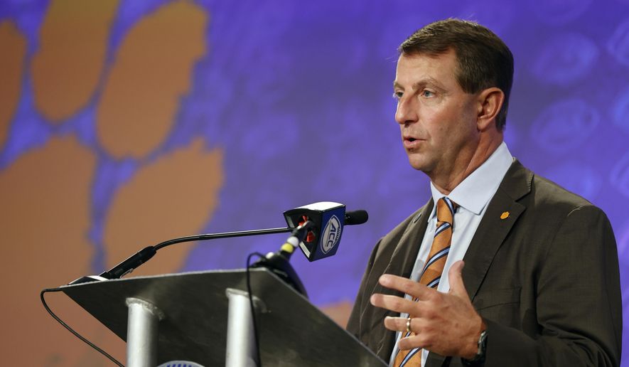 Clemson head coach Dabo Swinney answers a question at the NCAA college football Atlantic Coast Conference Media Days in Charlotte, N.C., Wednesday, July 20, 2022. (AP Photo/Nell Redmond) **FILE**