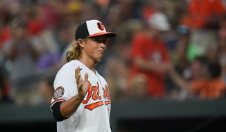 Jackson Holliday, the first overall draft pick by the Baltimore Orioles in the 2022 draft, is introduced onto the field before the start of the fourth inning of a baseball game between the Baltimore Orioles and the Tampa Bay Rays, Wednesday, July 27, 2022, in Baltimore. (AP Photo/Julio Cortez)