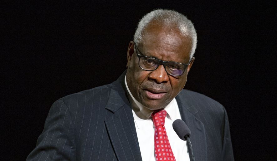 Supreme Court Justice Clarence Thomas speaks on Sept. 16, 2021, at the University of Notre Dame in South Bend, Ind. (Robert Franklin/South Bend Tribune via AP) ** FILE **