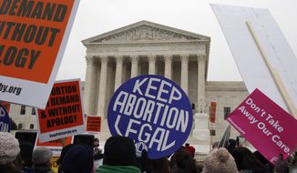 Pro-abortion rights signs are seen during the March for Life 2016, in front of the U.S. Supreme Court in Washington, Jan. 22, 2016. A North Dakota judge on Wednesday, July 27, 2022, put on hold the state’s trigger law banning abortion while a lawsuit moves forward that argues it violates the state constitution. (AP Photo/Alex Brandon, File)