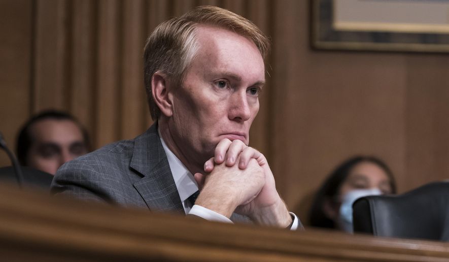 Sen. James Lankford, R-Okla., listens to testimony during a Senate Indian Affairs Committee about the status of the descendants of enslaved people formerly held by the Muscogee (Creek), Chickasaw, Choctaw, Seminole and Cherokee Nations, at the Capitol in Washington, Wednesday, July 27, 2022. (AP Photo/J. Scott Applewhite)