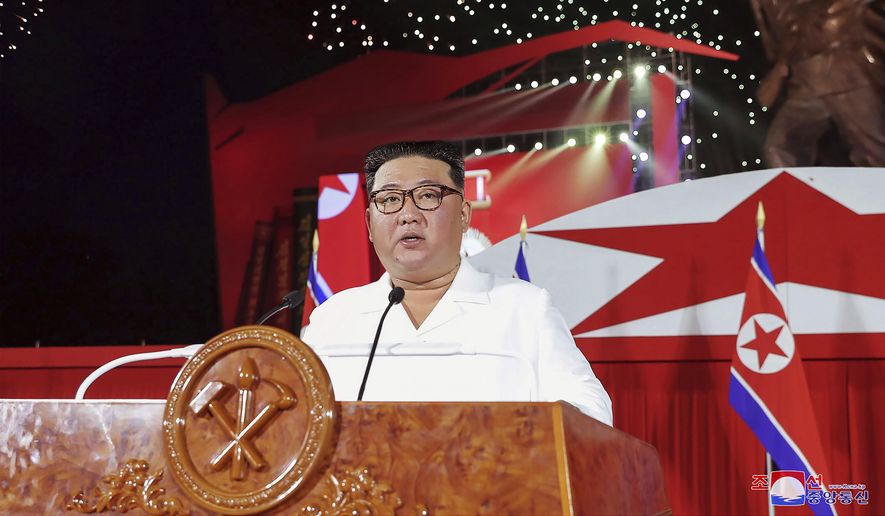In this photo provided by the North Korean government, North Korean leader Kim Jong Un delivers his speech during a ceremony to mark the 69th anniversary of the signing of the ceasefire armistice that ends the fighting in the Korean War, in Pyongyang, North Korea Wednesday, July 27, 2022. Independent journalists were not given access to cover the event depicted in this image distributed by the North Korean government. The content of this image is as provided and cannot be independently verified. Korean language watermark on image as provided by source reads: &amp;quot;KCNA&amp;quot; which is the abbreviation for Korean Central News Agency. (Korean Central News Agency/Korea News Service via AP)
