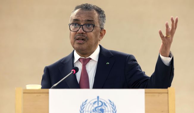 Tedros Adhanom Ghebreyesus, director-general of the World Health Organization (WHO), delivers his speech after his reelection, during the 75th World Health Assembly at the European headquarters of the United Nations in Geneva, Switzerland, on May 24, 2022. (Salvatore Di Nolfi/Keystone via AP, File)