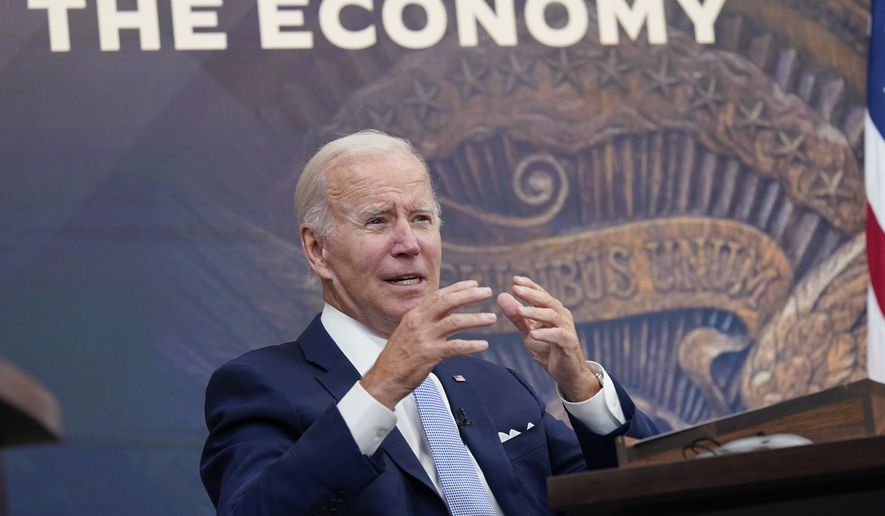 President Joe Biden speaks about the economy during a meeting with CEOs in the South Court Auditorium on the White House complex in Washington, Thursday, July 28, 2022. Biden was updated on economic conditions across key sectors and industries. (AP Photo/Susan Walsh)