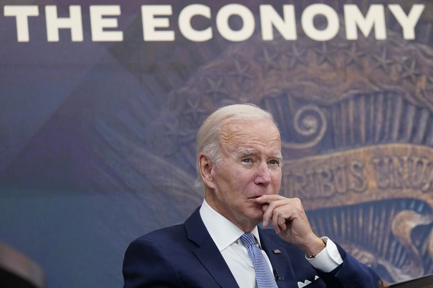 President Joe Biden listens during a meeting with CEOs in the South Court Auditorium on the White House complex in Washington, Thursday, July 28, 2022. Biden was updated on economic conditions across key sectors and industries. (AP Photo/Susan Walsh)