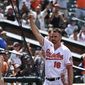 Baltimore Orioles designated hitter Trey Mancini (16) acknowledges the crowd during the ninth inning of a baseball game against the Tampa Bay Rays, Thursday, July 28, 2022, in Baltimore. (AP Photo/Terrance Williams)