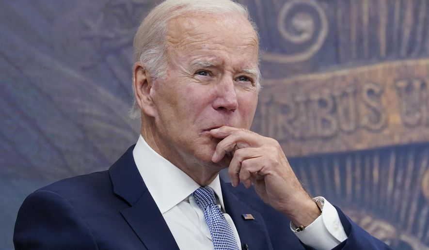 President Joe Biden listens during a meeting with CEOs about the economy in the South Court Auditorium on the White House complex in Washington, Thursday, July 28, 2022. Biden was updated on economic conditions across key sectors and industries. (AP Photo/Susan Walsh)