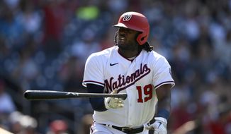 Washington Nationals&#39; Josh Bell reacts toward the dugout after he hit a home run during the eighth inning of a baseball game against the Miami Marlins, Sunday, July 3, 2022, in Washington. (AP Photo/Nick Wass) **FILE**