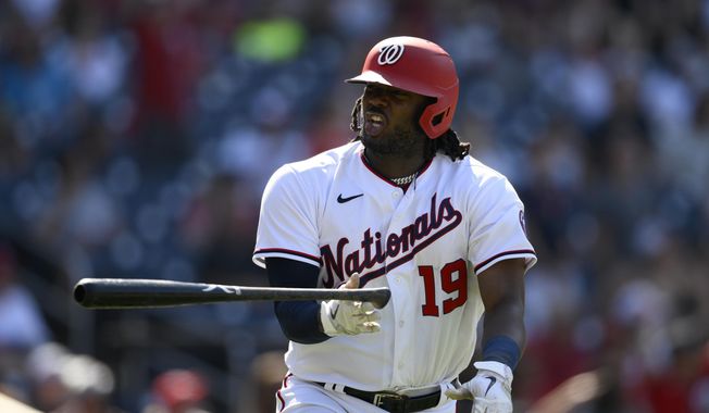 Washington Nationals&#x27; Josh Bell reacts toward the dugout after he hit a home run during the eighth inning of a baseball game against the Miami Marlins, Sunday, July 3, 2022, in Washington. (AP Photo/Nick Wass) **FILE**