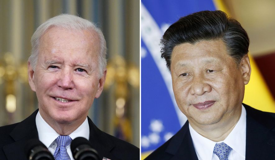 This combination image shows U.S. President Joe Biden in Washington, Nov. 6, 2021, and China&#39;s President Xi Jinping in Brasília, Brazil, Nov. 13, 2019. (AP Photo/Alex Brandon, Eraldo Peres, File)