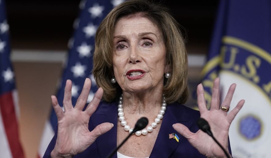 Speaker of the House Nancy Pelosi, D-Calif., updates reporters as Democrats push to bring the assault weapons ban bill to the floor for a vote, at the Capitol in Washington, Friday, July 29, 2022. Pelosi says the House will consider the public safety bills on police reform later when the House considers the Senate reconciliation package. (AP Photo/J. Scott Applewhite)