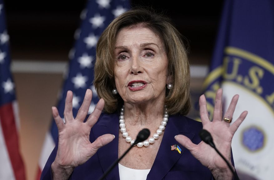 Speaker of the House Nancy Pelosi, D-Calif., updates reporters as Democrats push to bring the assault weapons ban bill to the floor for a vote, at the Capitol in Washington, Friday, July 29, 2022. Pelosi says the House will consider the public safety bills on police reform later when the House considers the Senate reconciliation package. (AP Photo/J. Scott Applewhite)