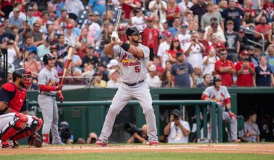 St. Louis Cardinals Designated Hitter Albert Pujols (5) winds up against the Washington Nationals from Nationals Park, Washington, D.C., July 29, 2022 (Photography: All-Pro Reels / Liam Brennan)