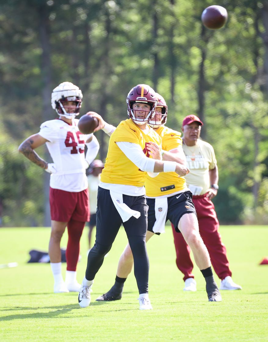 Washington Commanders Quarterback Taylor Heinicke (4) throwing the ball while at Day 4 of Training Camp at The Park in Ashburn, VA on July 30th 2022 (Photo: Alyssa Howell)
