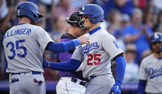 Los Angeles Dodgers&#39; Cody Bellinger, left, congratulates Trayce Thompson, who hit a two-run home run off Colorado Rockies starting pitcher Chad Kuhl during the second inning of a baseball game Friday, July 29, 2022, in Denver. (AP Photo/David Zalubowski)