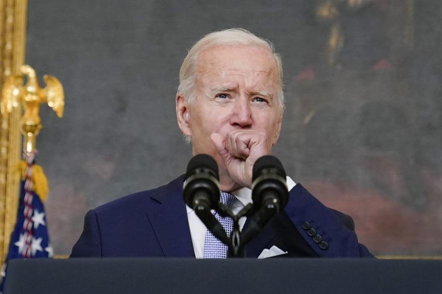 President Joe Biden coughs as he speaks about The Inflation Reduction Act of 2022 in the State Dining Room of the White House in Washington, Thursday, July 28, 2022. Biden tested positive for COVID-19 again Saturday, July 30, slightly more than three days after he was cleared to exit coronavirus isolation, the White House said, in a rare case of “rebound” following treatment with an anti-viral drug. (AP Photo/Susan Walsh, File)