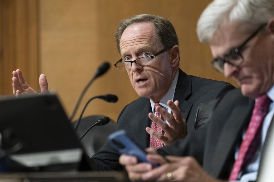 Sen. Pat Toomey, R-Pa., with Sen. Bill Cassidy, R-La., right, questions Department of the Treasury Secretary Janet Yellen as she testifies during a Senate Finance Committee hearing to examine President Joe Biden&#39;s proposed budget request for fiscal year 2023, on Capitol Hill, June 7, 2022, in Washington. (AP Photo/Manuel Balce Ceneta, File)