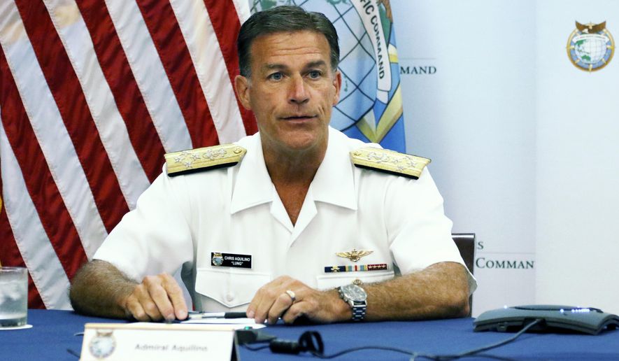 Adm. John Aquilino, U.S. Indo-Pacific Command commander, speaks at a news conference at Camp H.M. Smith, Hawaii, on June 30, 2022. Adm. Aquilino said Monday, Aug. 1, that he wants to expand and strengthen its ties with New Zealand. His visit to Wellington comes as the U.S. is looking to increase its presence in the region amid deep concerns over China&#x27;s growing ambitions in the Pacific. (AP Photo/Audrey McAvoy, File)