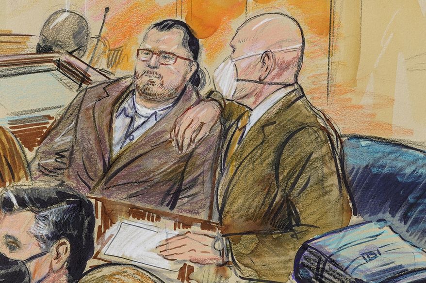 This artist sketch depicts Guy Wesley Reffitt, joined by his lawyer William Welch, right, in Federal Court, in Washington, on Feb. 28, 2022. Reffitt, convicted of storming the U.S. Capitol with a holstered handgun helmet and body armor was sentenced on Monday to 87 months — more than seven years — in prison. It's the longest sentence imposed so far among hundreds of Capitol riot cases. (Dana Verkouteren via AP) **FILE**